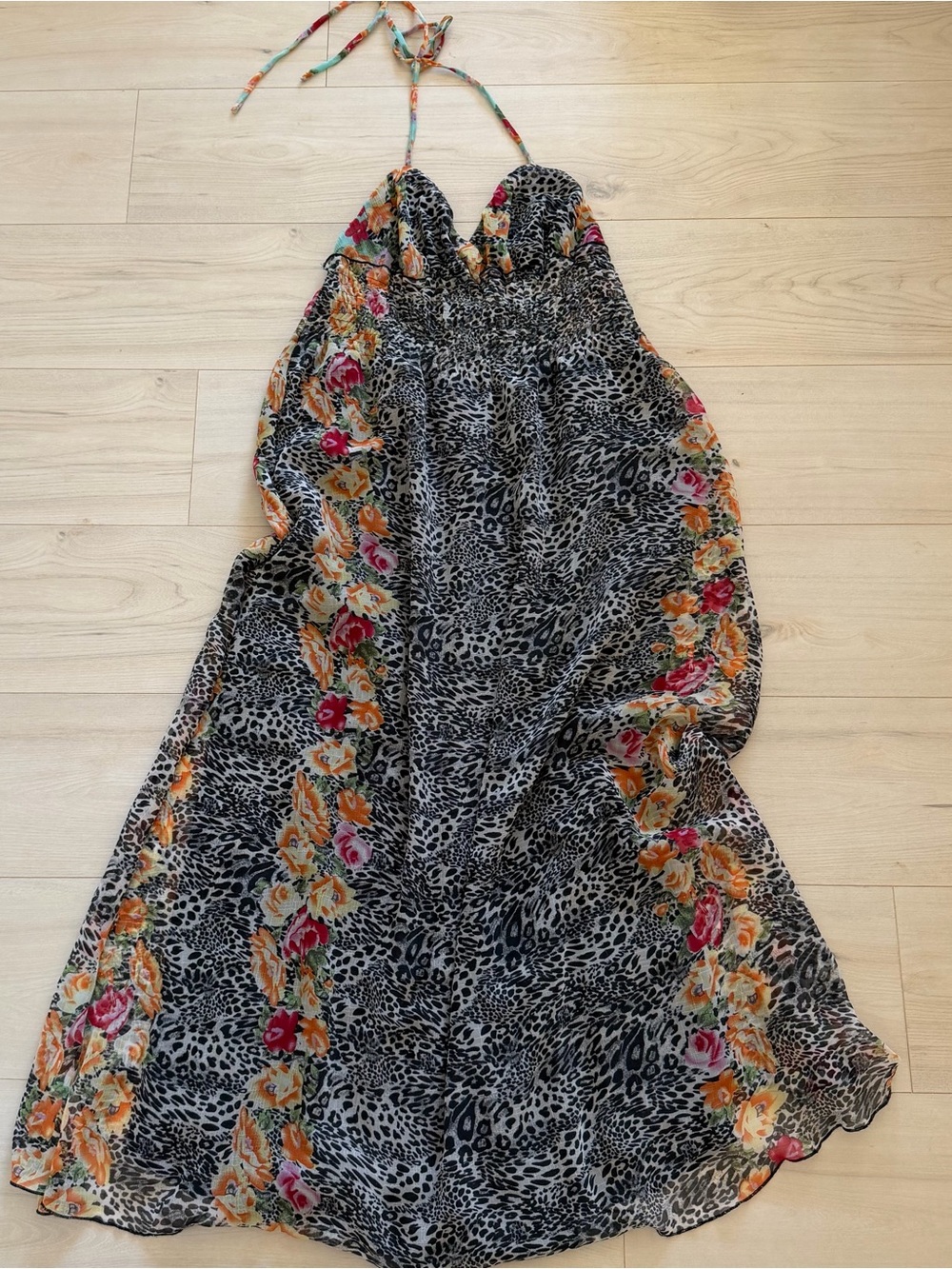 Fumblin Foe Leopard Halter Maxi Dress - Black/Orange/Pink